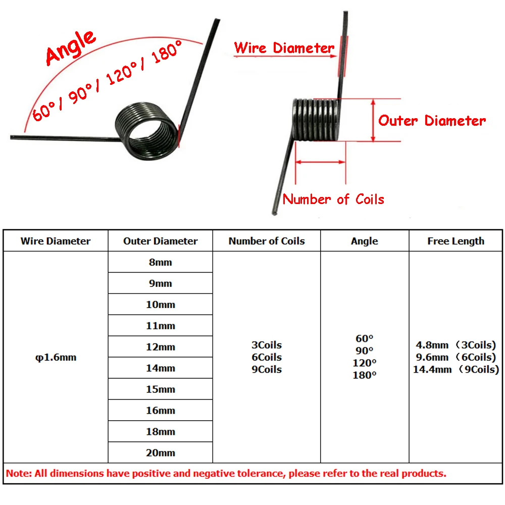 Yiqianyuan 10Pcs 1.6mm Spring Steel Torsion Spring 3/6/9 Coils Options Angles 60°/90°/120°/180° for DIY Crafts And Home Projects
