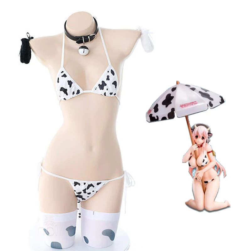 Japanese Anime Super Sonico Cow Cosplay Costume Lolita Girl Cute Bikini Suit Underwear Sexy Bra and Panty Lingerie Set Stockings