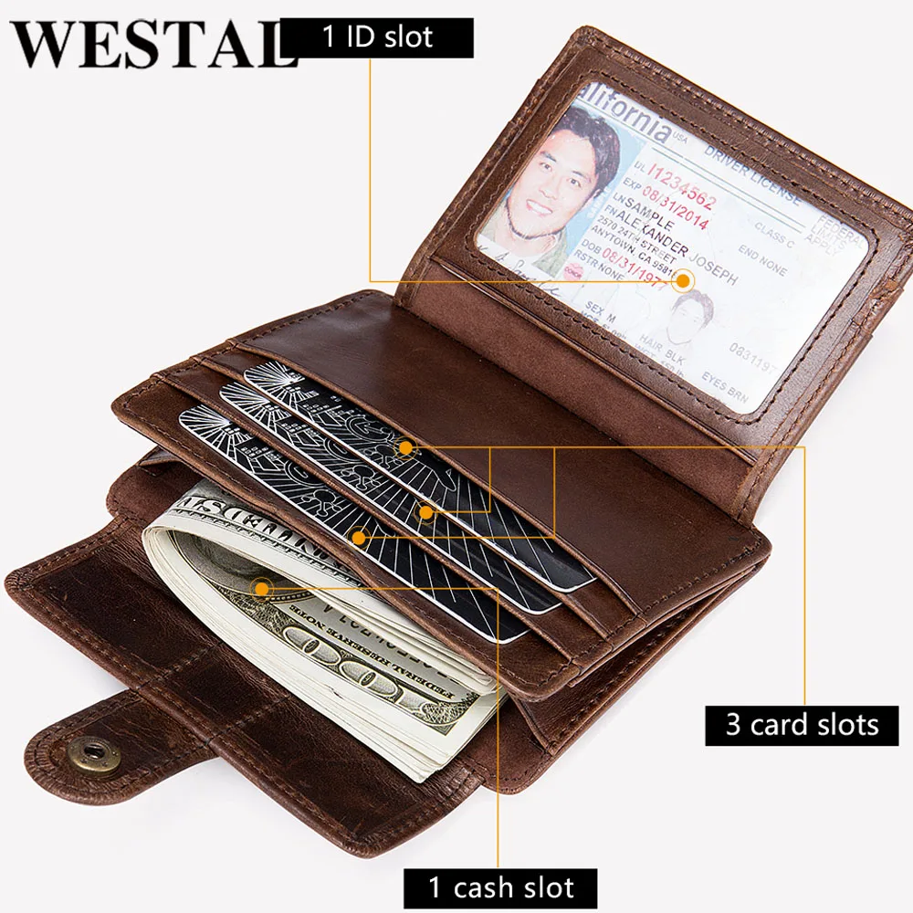 WESTAL 100% Men's Genuine Leather Credit Card Holder Small Wallet Money Bag ID Card Case Mini Purse For Male Coin Purses 1014