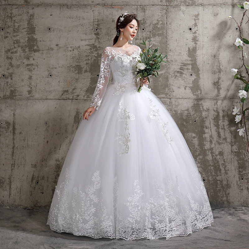 New Summer Korean Light Wedding Dress Vestidos De Novia Off White Bride Custom O-neck Princess Simple Long Sleeve Lace Appliques