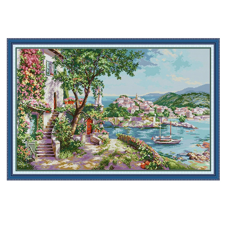 Joy Sunday Mediterranean Scenery Cross Stitch Kit Set 11CT 14CT Cotton Thread Printing Embroidery Home Decoration Gift Big Size