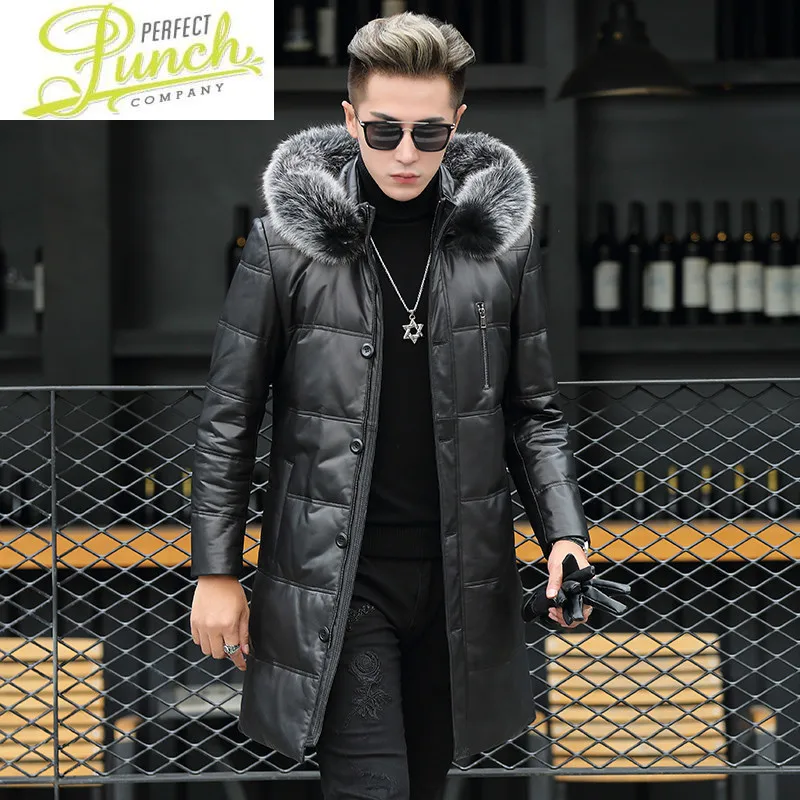 

Genuine AYUSNUE Leather Down Jacket Men Winter Sheepskin Coat Fox Fur Collar Hooded Long Real Leather Jacket Men RS92912 KJ4277