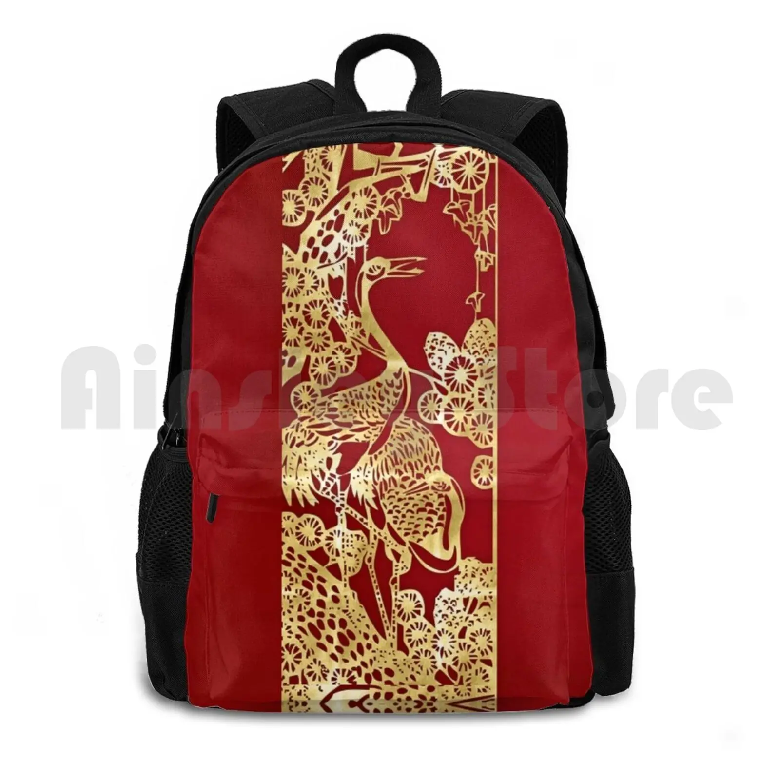 Golden Bird In Red Outdoor Hiking Backpack Waterproof Camping Travel Golden Bird Red Gold Amazing Cool Original Modern Home