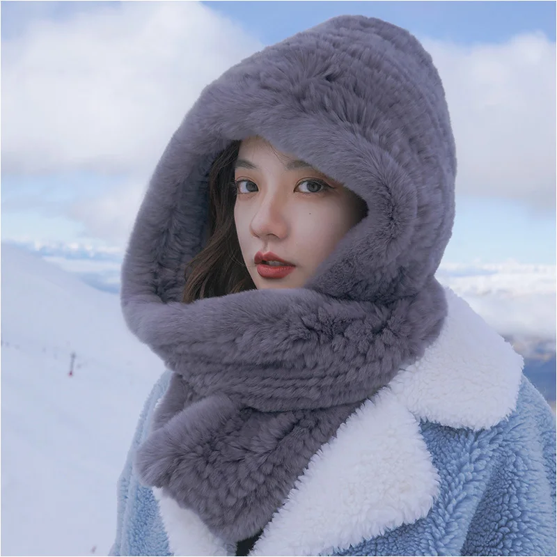 

Hat female 2024 new knitted real rex rabbit fur hooded hat scarf winter warm natural fur hat neck scarf