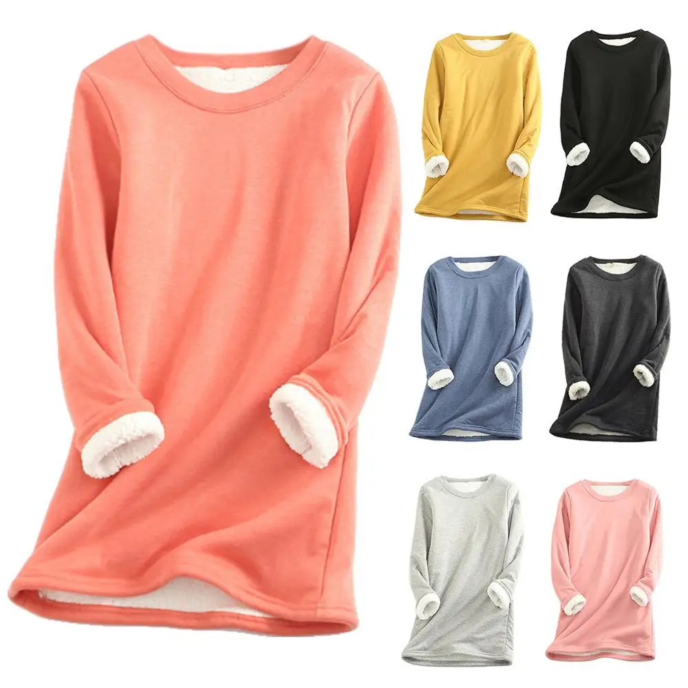 

Women Winter Long Sleeve O-Neck Sweatshirt Faux Fleece Lined Thermal Pullover Tunic Tops Solid Color Loose Basic Blouse