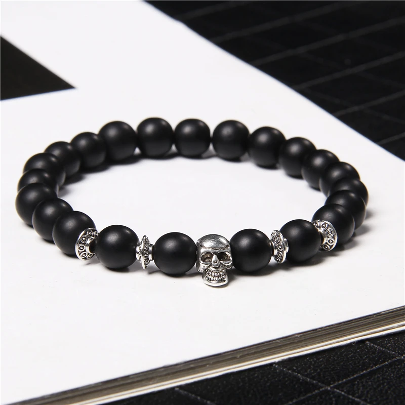 Natural Black Labradorite Stone Beads Bracelet 8mm Round Beaded Vintage Skull Head Charm Bracelet Men Lucky Jewelry for Female