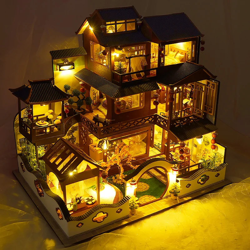 New DIY Wooden Dollhouse Chinese Villa Miniature With Furniture Kits Assemble Toys for Children Adult Birthday Gift Casa