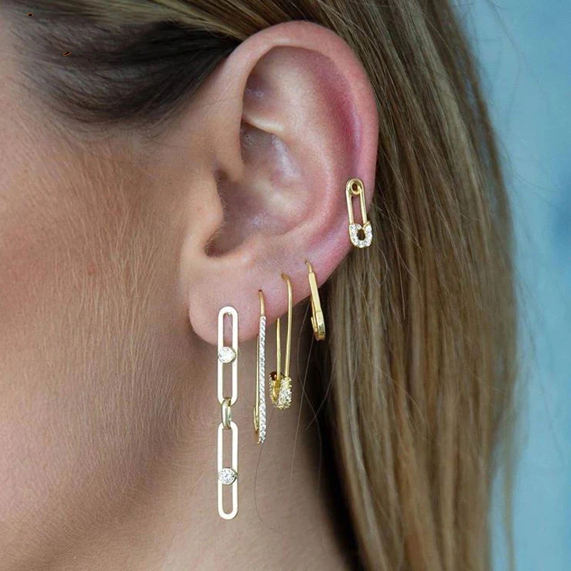New Fashion Party Punk Personality Gold Color Safety Pin Puncture Hoop Earrings For Elegant Women Lady Delicate Tiny Jewelry