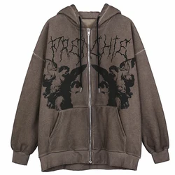 Vintage Angel Print Oversized Hoodies Vrouwelijke Zip Up Lange Mouw Vrouwen Sweatshirt Y2K Esthetische Herfst Gothic Grunge Streetwear