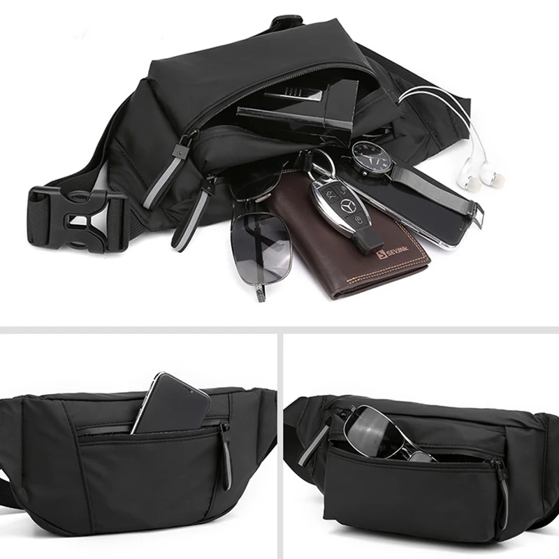 Men Black Waterproof Outdoor Waist Bag Casual Travel Sports Chest Bag Fanny Pack Fashion Crossbody Bag Nylon Bum Pouch