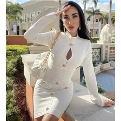 Women Sexy Designer Long Sleeve Keyhole Button White Black Bandage Dress 2022 Ladies Elegant Brown Bodycon Party Dress Vestido