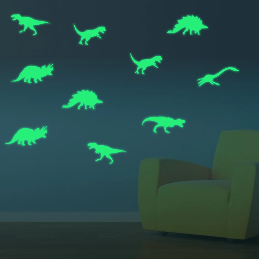 Wall Stickers Set Of 9 3D Luminous Dinosaur PVC Wallpaper Glow In The Dark Decorative Stickers Kids Room Removable Home Art