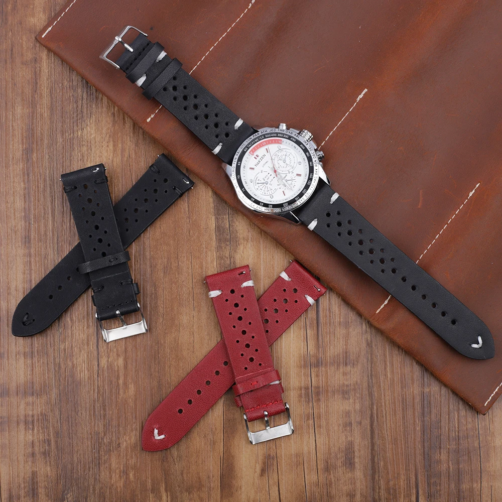 Genuine Leather Strap Watch Band 18mm 20mm 22mm 24mm Porous Breathable Handmade Stitching Watch Strap for Men Watch Bracelet