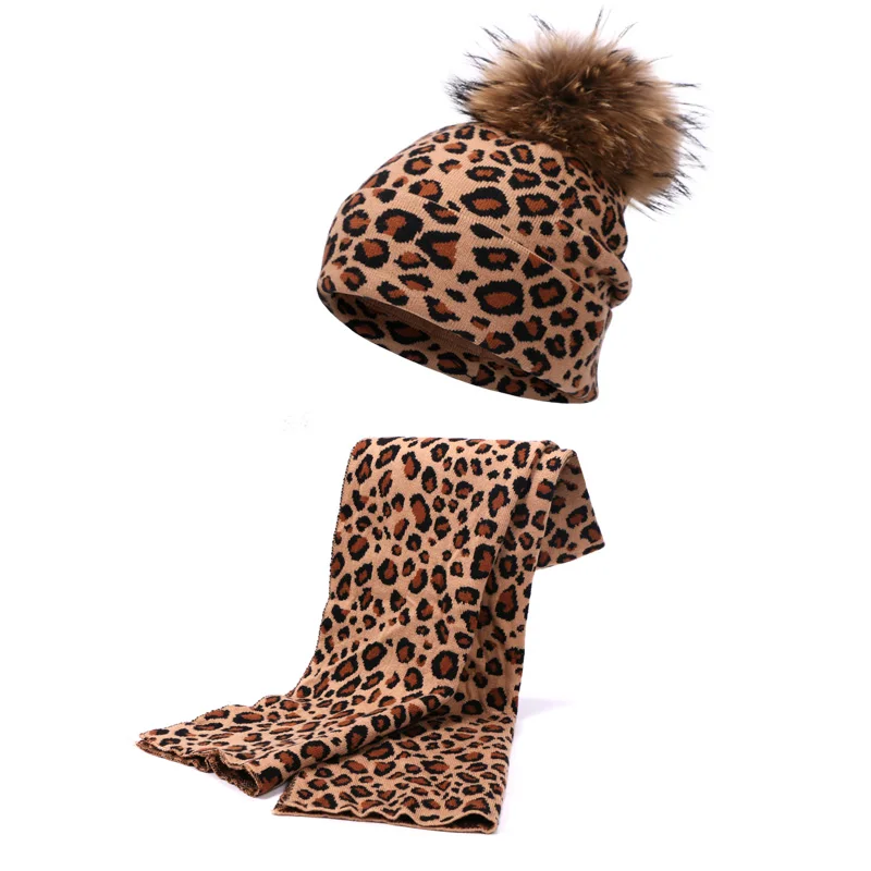 Leopard Print Unisex Hat And Scarf Set Autumn Winter Double Beanies Skullies Hats For Women Elasticity Warm Scarves Pom Pom Hat