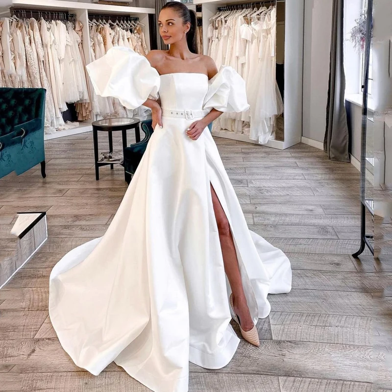 

Eightree White Satin Sexy Wedding Dresses 2021 Puff Sleeve Split Side Bride Dress Strapless A Line Wedding Gowns Couture Mariage