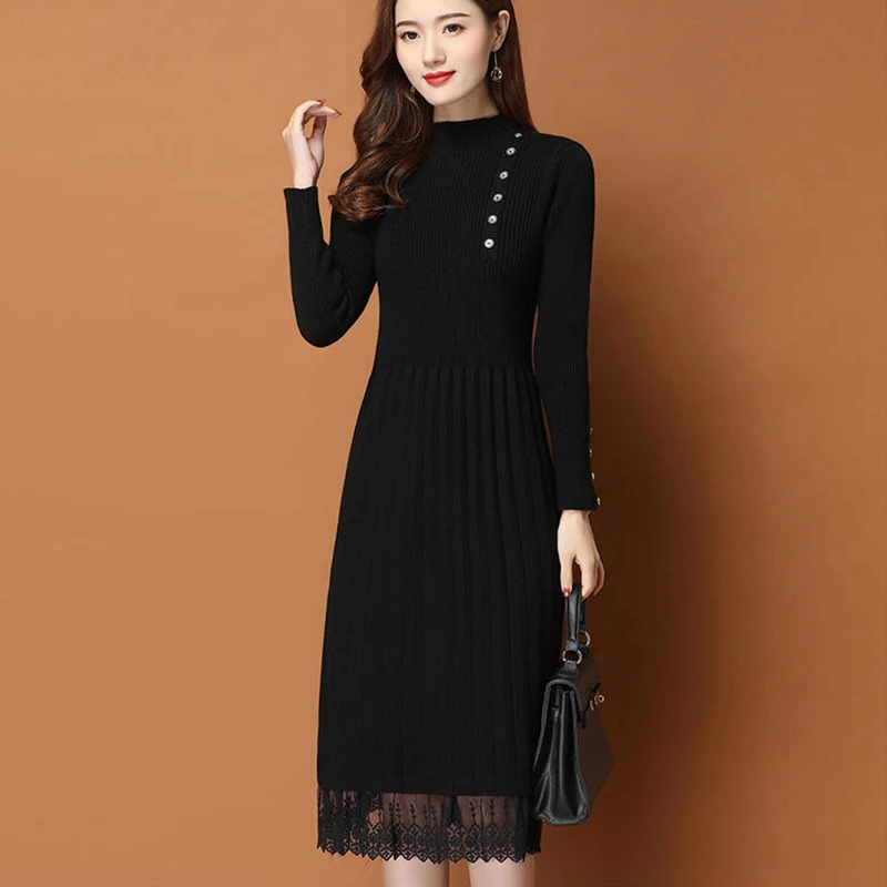 Renda bainha botões feminino outono inverno camisola de malha uma linha vestidos com nervuras fino elástico manga longa senhora bodycon midi vestidos