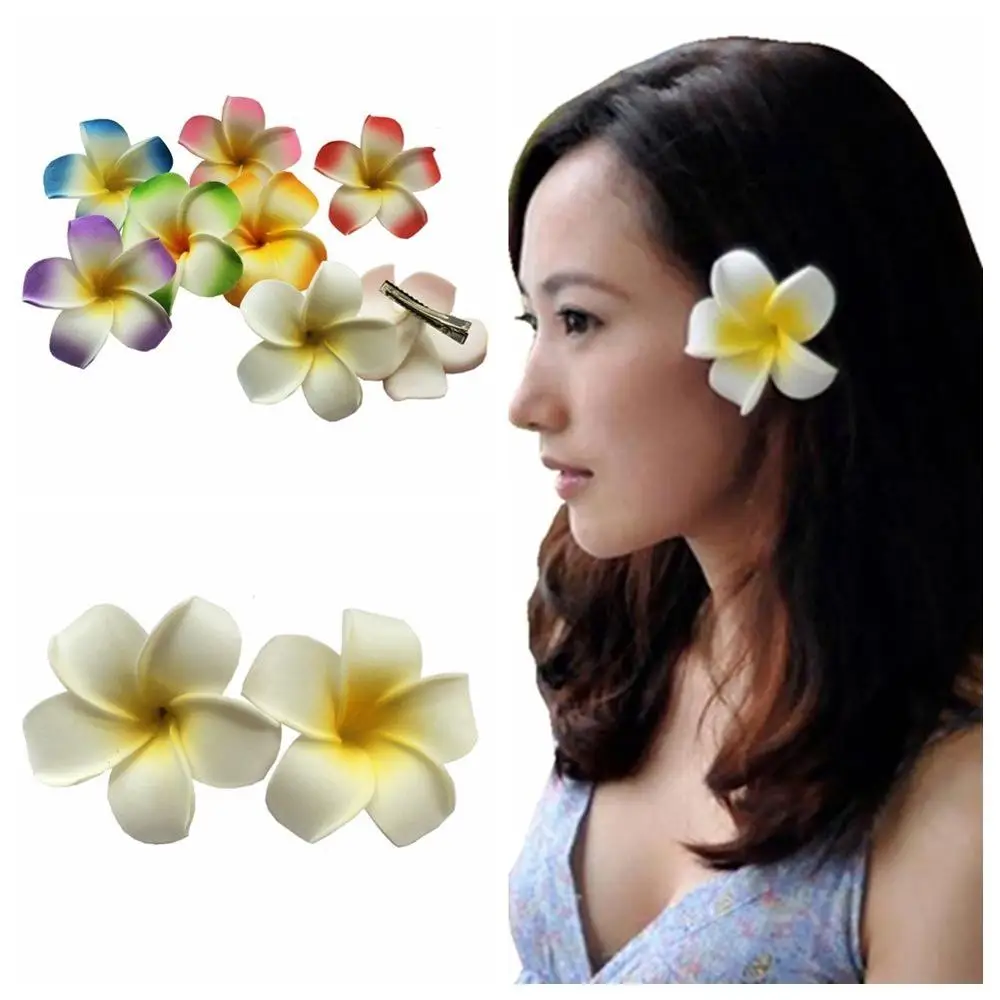 2 PCS SET Hawaiian Frangipani Plumeria Foam Head Flower Party Beach Hair Clips