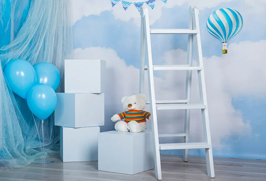 Avezano Baby Backdrop Blue Sky Clouds Balloons White Box Ladder Bear Newborn Birthday Photography Background For Photo Studio