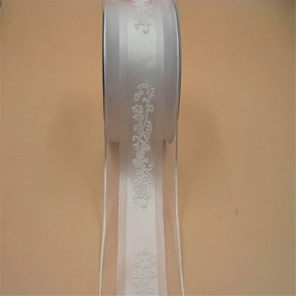 63mm X 25yards Wired White Organza Edge Satin Ribbon With Flower Printing. Gift Bow,Wedding,Cake Wrap,Tree Decoration N1130 image 3