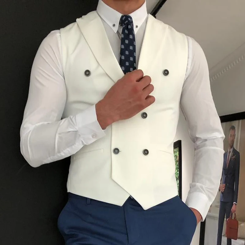 Men's Classic Double Breasted Suit Vest White Notch Lapel Waistcoat for Groomsmen for Wedding