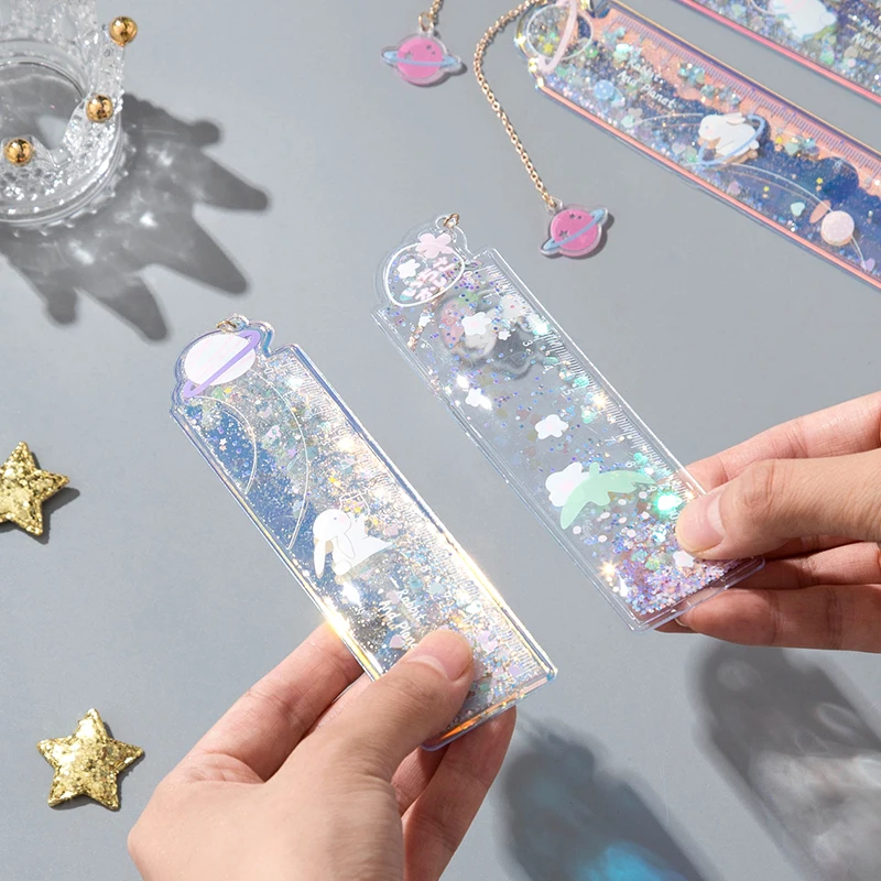 12CM Cute Oil Ruler Quicksand Bookmark Measuring Straight Rulers Pendant Bookmarks Gift Stationery Drafting Supplies