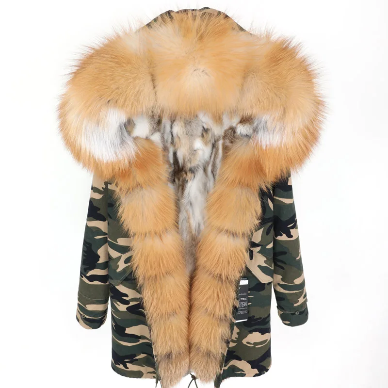 2024 Fashion women's rabbit fur lining hooded long coat parka outwear army green Large raccoon fur collar winter jacketWomen's