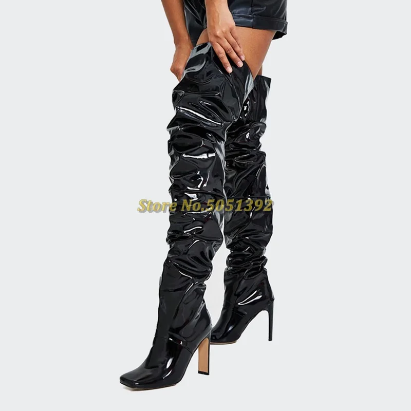 

Shiny Black Patent Leahter Slouchy Thigh Boots Square Toe Thin High Heel Over The Knee New Arrivals Boots High Heel Stylish Boot