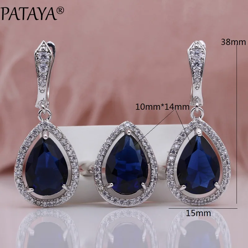 PATAYA New Water Drop Jewelry Set Light Blue Natural Zircon Earrings Ring Sets White Gold Color Women Hollow Wedding Fashion