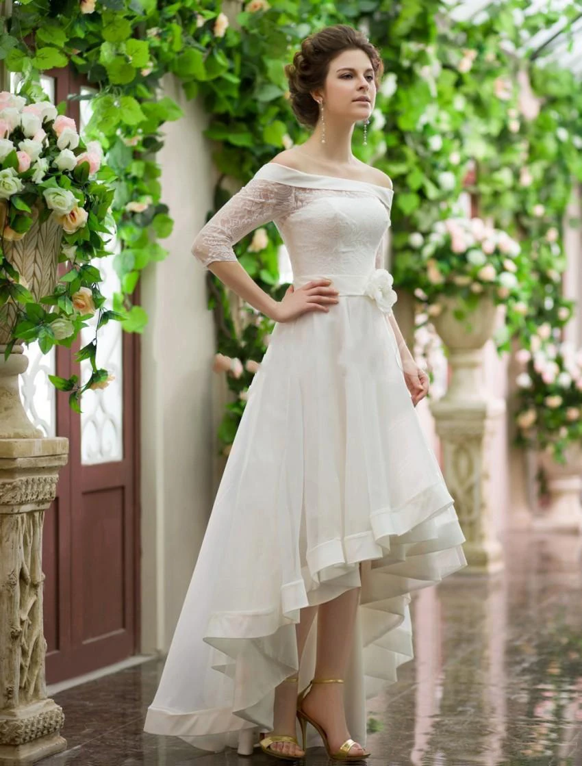 2025 Customized High Low Wedding Dresses Off Shoulder Half Sleeve Flower Belt Lace Organza Short Front Long Back Bridal Gowns