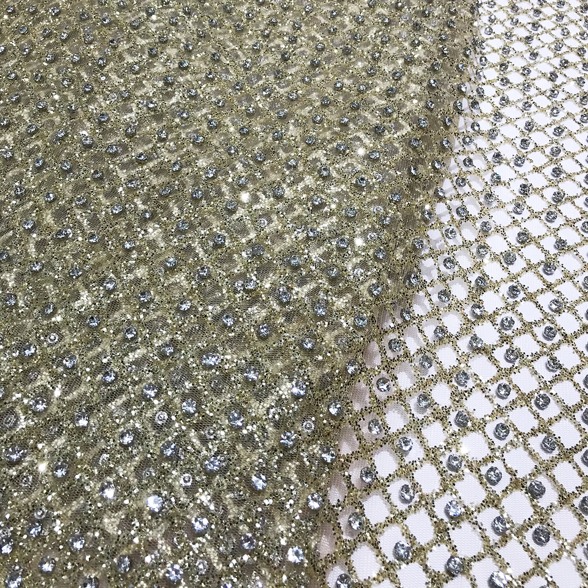 

Hot Sale French Champagne Color Shiny Rhinestone Sugar Lace Fabric With Glue Glitter Gliding For Party Fashion Show High Quality