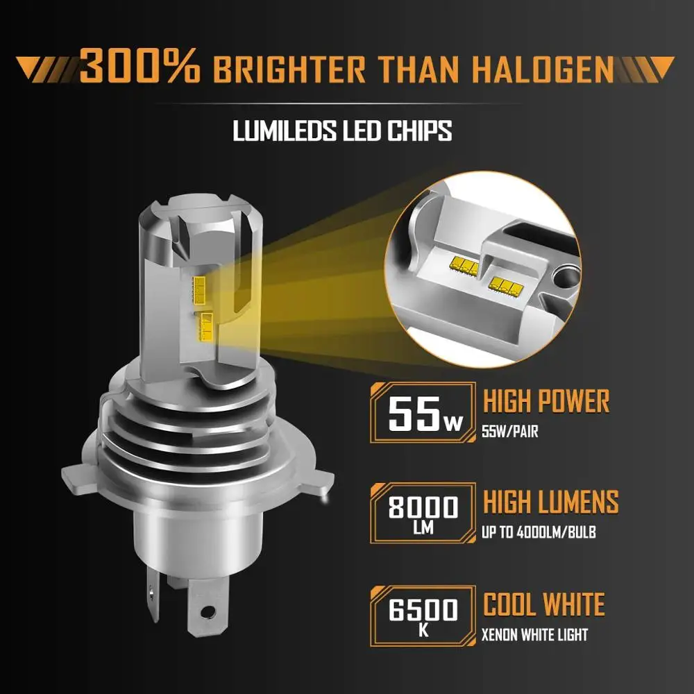 H4 HB2 9003 Car Motorcycle LED Headlight Bulbs M3 Mini High Low Hi Lo Beam ZES Chips 60W 12000LM 6000K Wireless Direct Plug-in