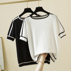 Camisetas de punto fino para Mujer, Tops de manga corta para Mujer, ropa para Mujer, camiseta de moda a rayas, camiseta para Mujer