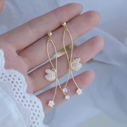 Ins Hot Sale Long Style Butterfly Earrings Elegant Flower Inlaid Zircon Charm Earrings Feminia Jewelry Pendant Accessories