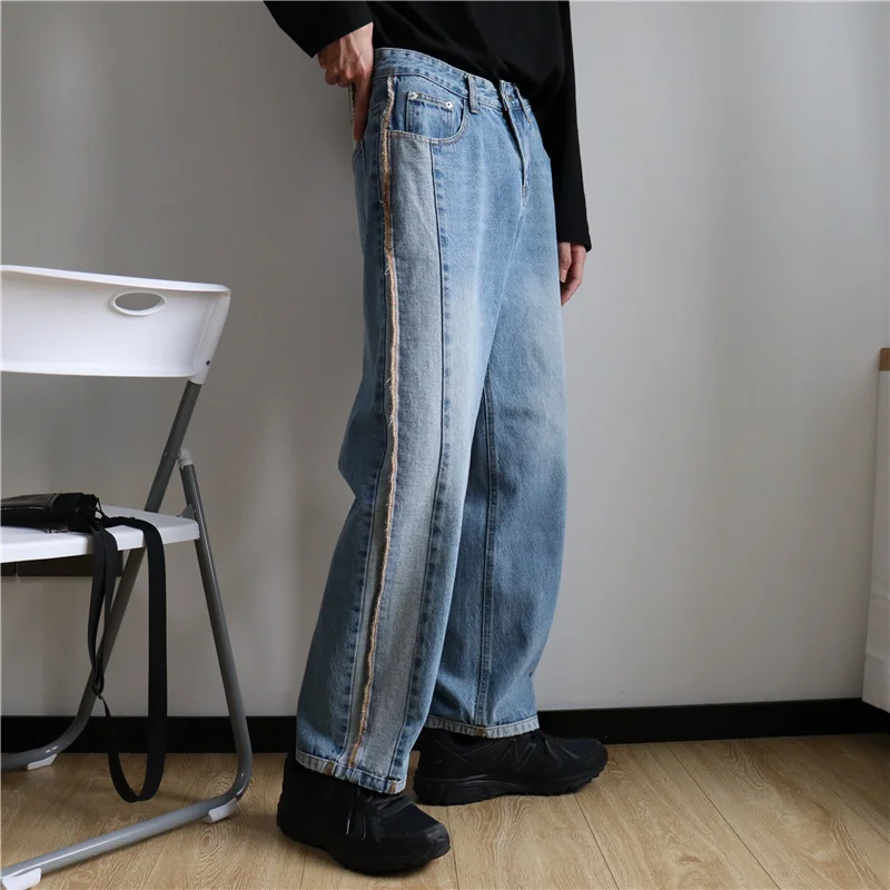 Patchwork Men Jeans Four Seasons Loose Fit Straight Casual Trousers Streetwear Zipper High Waist Denim Pants Light Blue S-XL