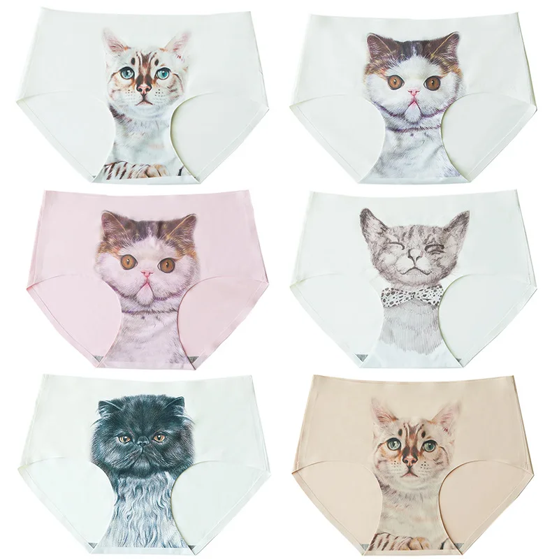 

Panties Women Cat Underwear Ice Silk Seamless Anti Emptied Meow Star People Print Realistic Pussy Female Cat Briefs