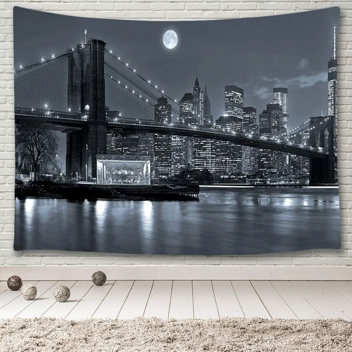 New York City Skyline Tablecloth Table Cover,Brooklyn Bridge East River Manhattan Skyscrapers Lights Moon Night