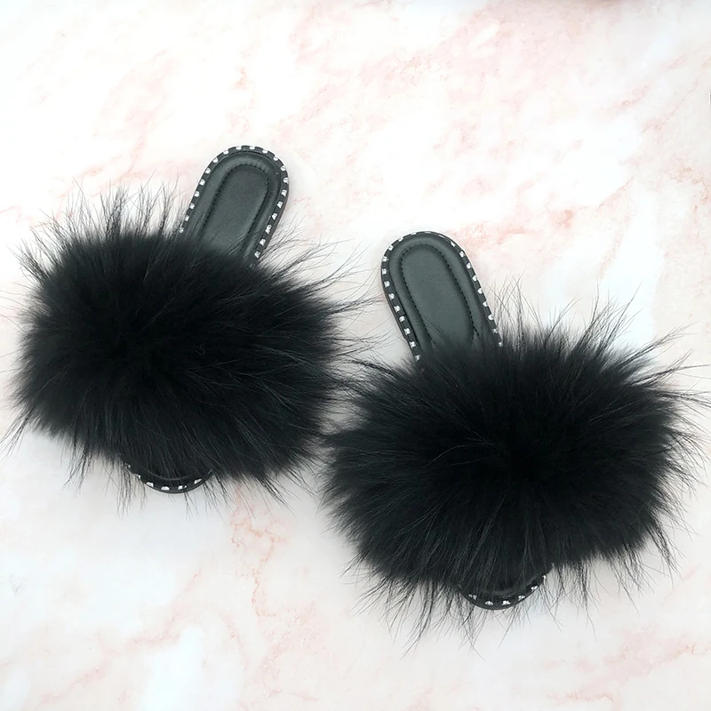 Fluffy Slippers Rivet Jelly Sandals Fur Flip Flops Ladies Indoor Luxury Shoes Women 2024 Sandals Wholesale Real Fur Slides