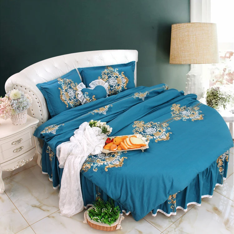 Dark Blue Jacquard Crown Design Round Bed Duvet cover bedsheet pillowcase 4pcs sets Super king size Pure cotton Round corner Bed