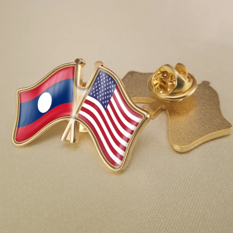 Lao People's Democratic Republic and United States Crossed Double Friendship Flags Lapel Pins Brooch Badges