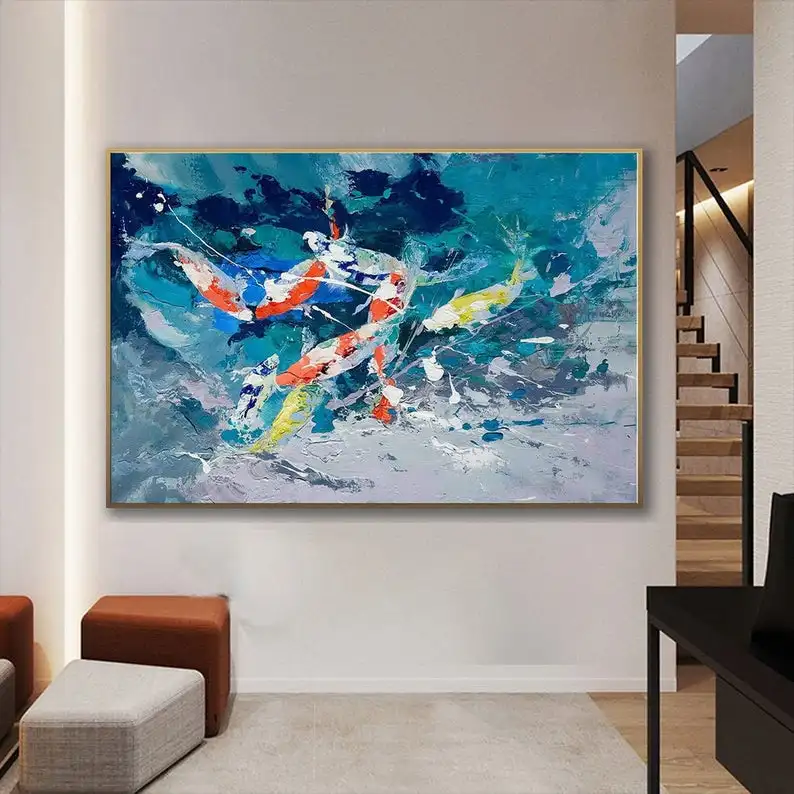 

Colorful Palette Knife Thick Acrylic Abstract Artwork Painting Extra Large Oversize Bright Color Modern Wall Art Turquoise Blue