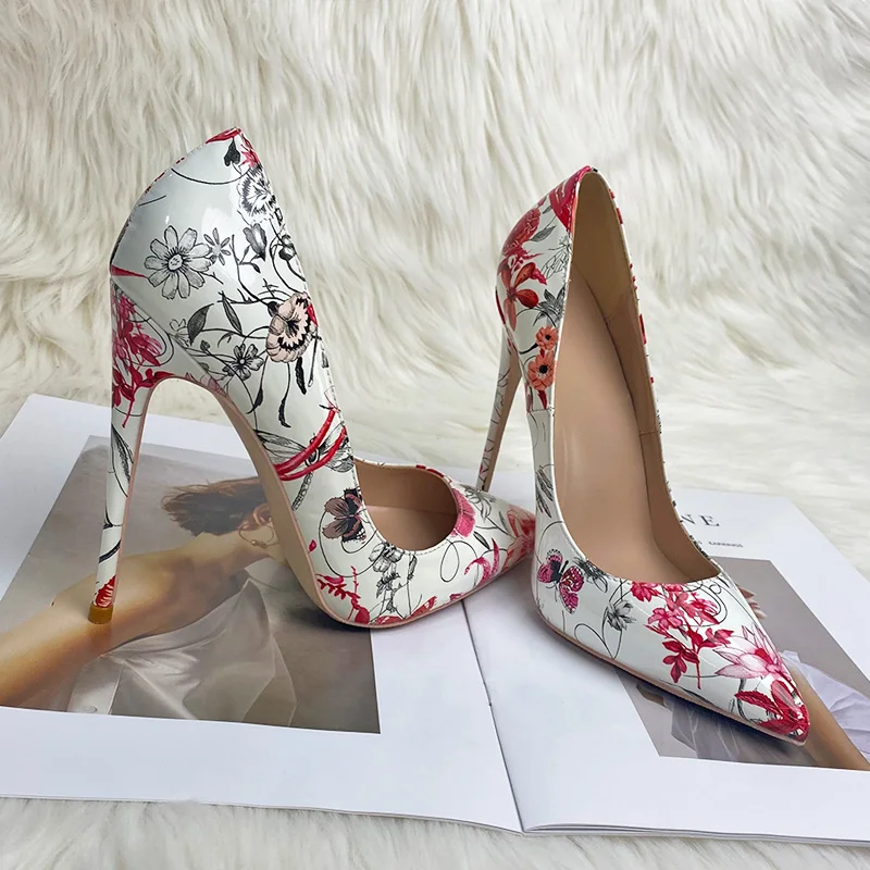 Keshangjia White flowers design feeling women pointed high-heeled shoes sexy stilettos peep-toe wedding party dress shoes