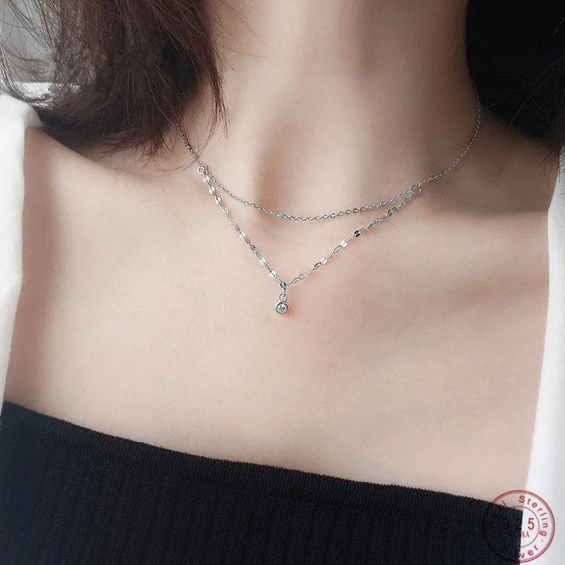 S925 Sterling Silver Fashion Crystal Pendant Double Layer Wave Chain Necklace For Women Korean Temperament Clavicle Chain