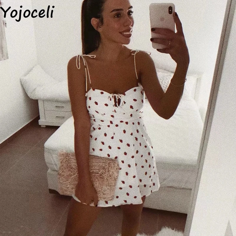 

Yojoceli Sexy strap berry print short women dress Summer elegant beach casual cool dress female Mini cute sundress vestidos