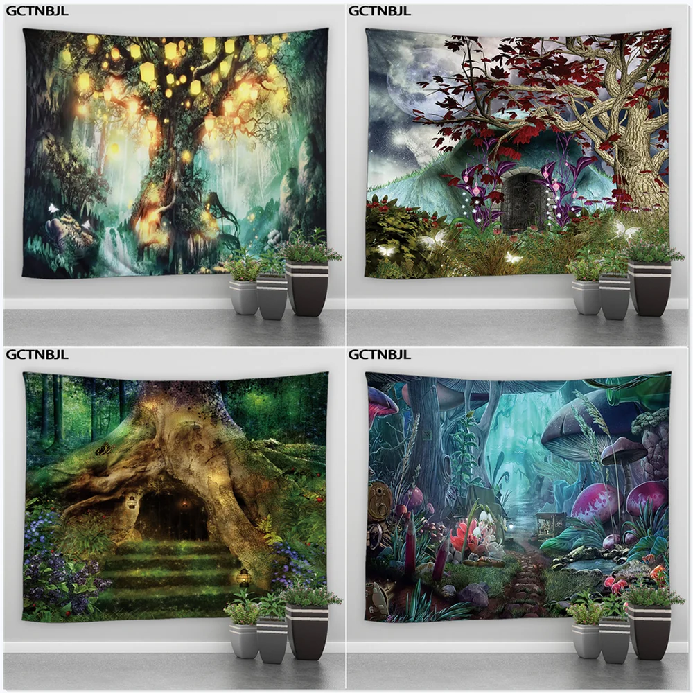 

Большой гобелен Dream Forest с изображением желаний, дерева, грибов, эльфов, украшение для всей семьи, настенный коврик, Психоделическое одеяло для спальни, пляжное полотенце