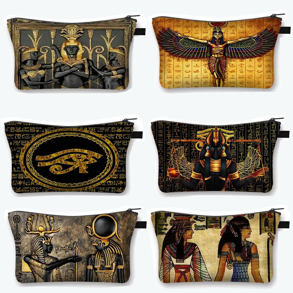 

Egyptian Art Print Cosmetic Case Women Makeup Bags Egypt Pharaoh Anubis Toiletry Bag Small Handbag Lipstick Holder Cosmetic Bag