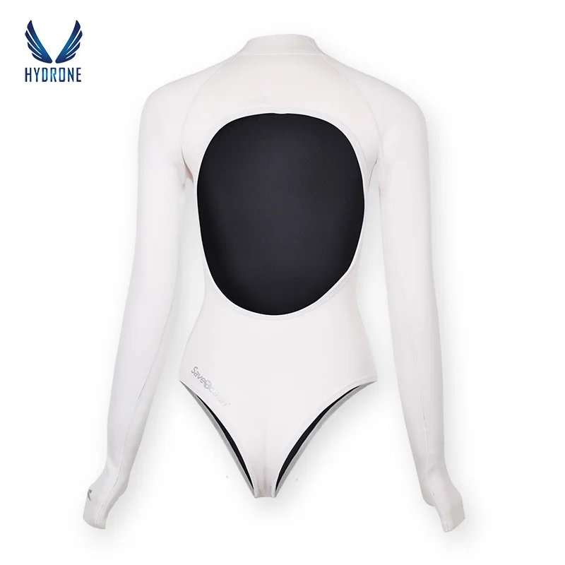 SaveOcean 2mm White Long Sleeve Backless Bikini Bottom One Piece Wetsuit Freediving Sun Protection Surf Suit Female Swim Suit