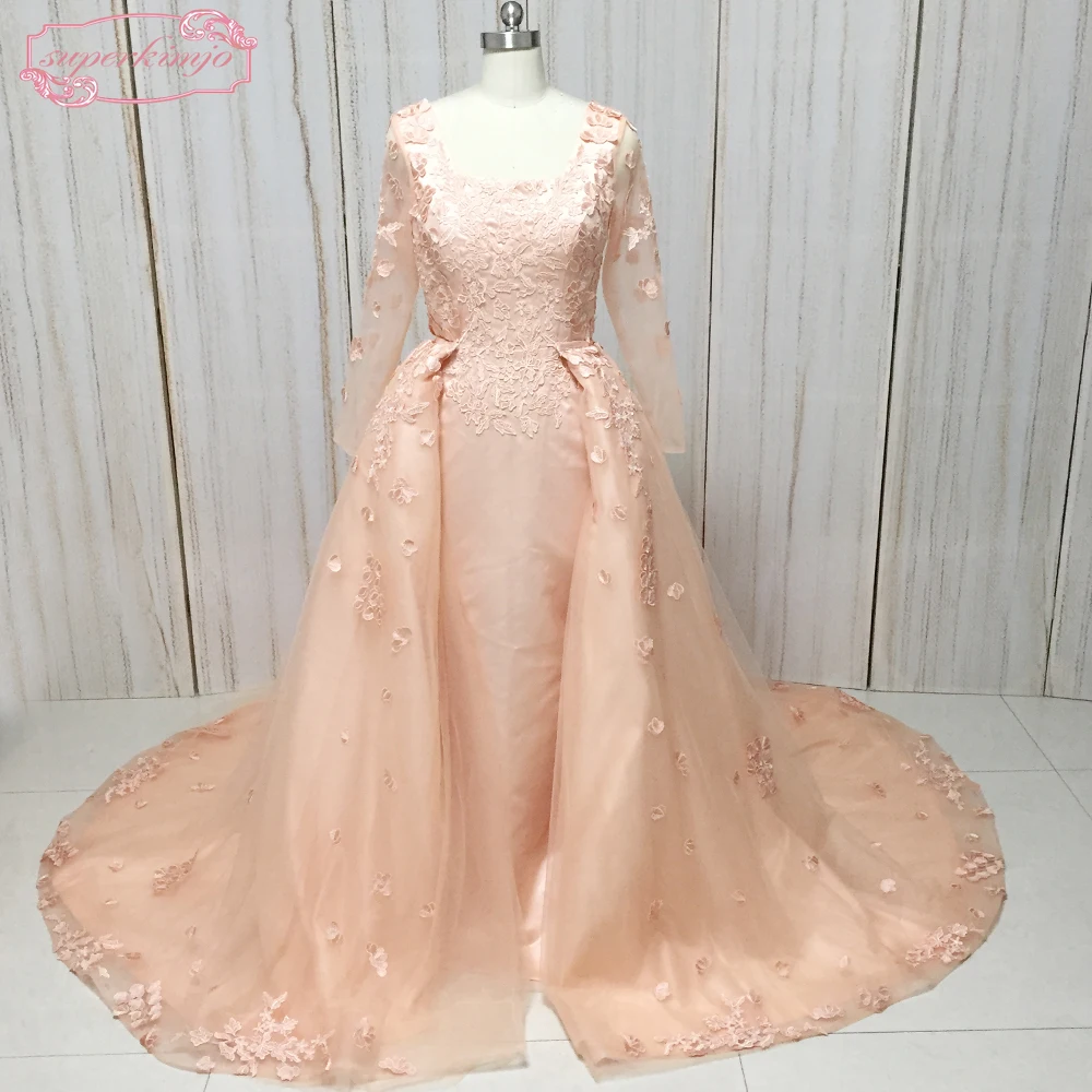 real prom dresses peach detachable skirt lace appliques flowers a line floor length lace long sleeve evening dress gowns arabic