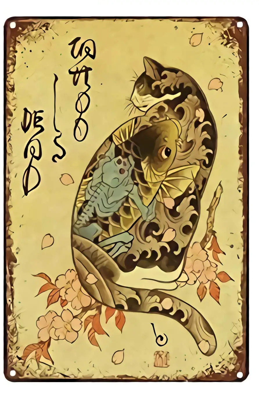 

Vintage Japanese Ninja Samurai Cat Tattoo Metal 8x12 Inch Home Kitchen Wall Retro Poster Plaque Mural Bar Pub Decor 01