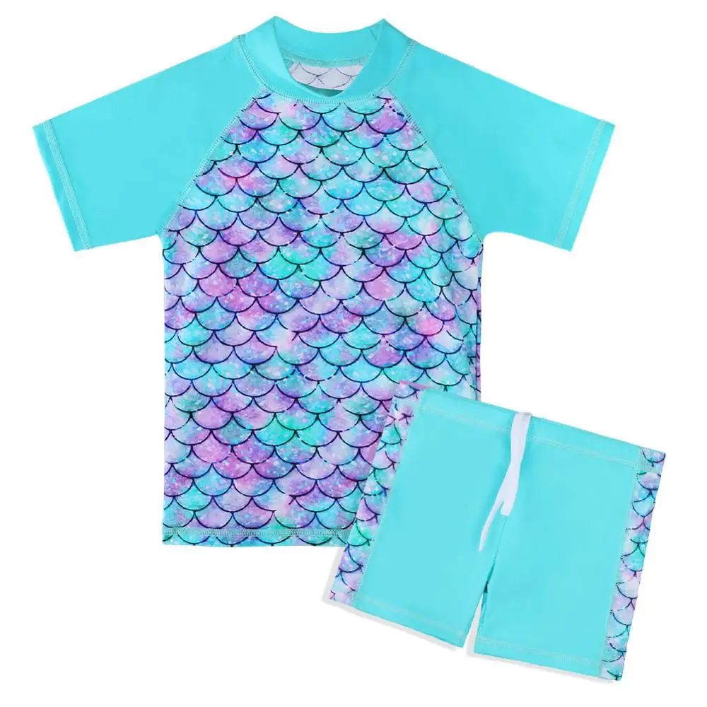 BAOHULU Short Sleeve Girls Swimsuit Cyan Scale Kids Swimwear Set Bathing Suit upf 50+ Beach Swimming Suit for Child 2021 Summer