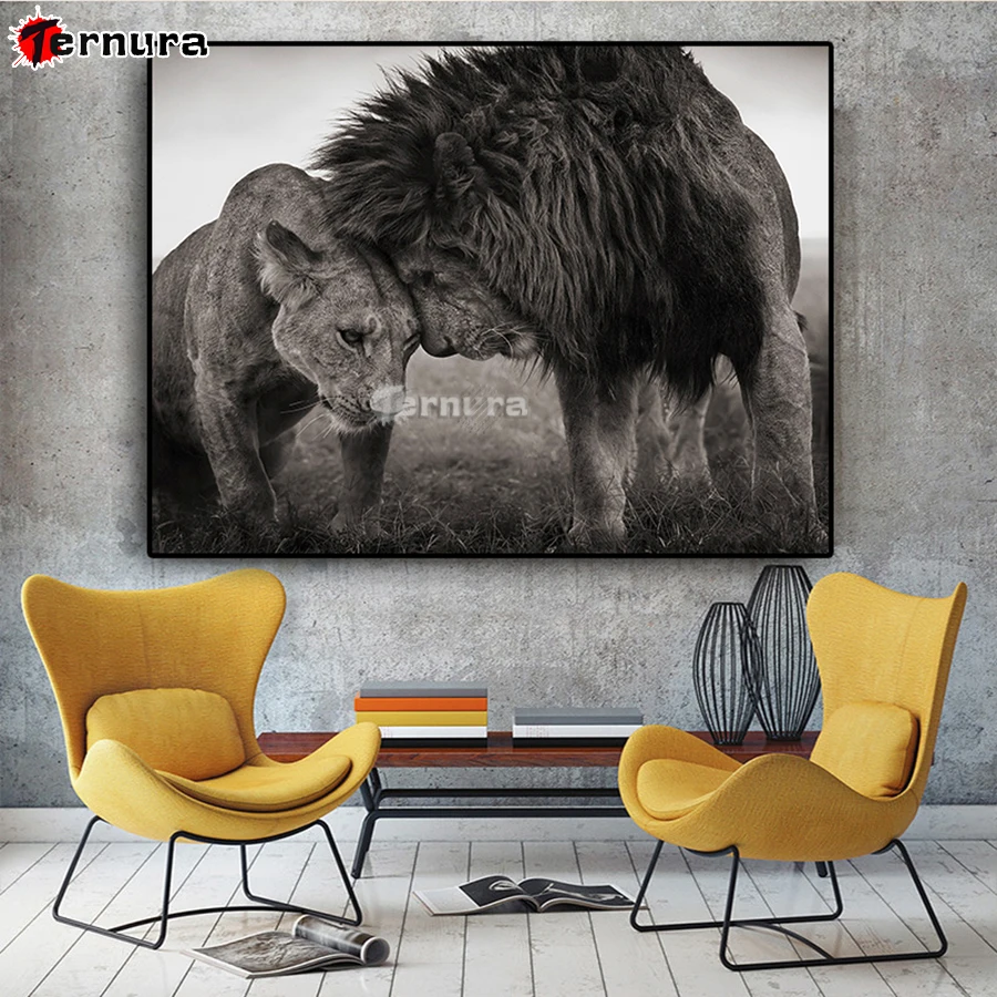 Diamond Painting Mosaic Full Square Round Lions Head to Head Black and White DIY Diamond Embroidery animal Home Decoration Art